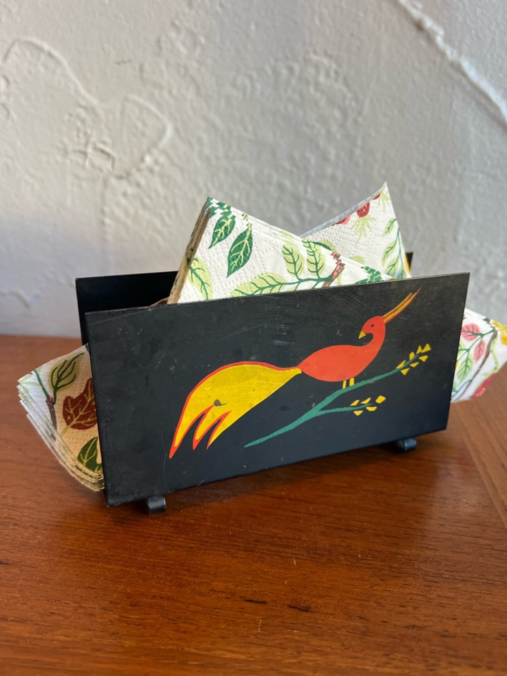 Vintage Hand Painted MCM Napkin Holder Bird Black Metal Mid Century Modern